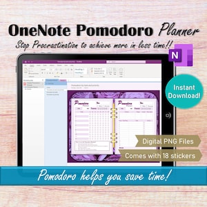 May include: A digital planner for OneNote with a purple floral design. The planner is titled "Pomodoro Planner" and includes a section for "Pomodoro by task and priority". The image also includes the text "Stop Procrastination to achieve more in less time!!" and "Instant Download!"