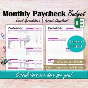 Budget by Paycheck Spreadsheet, Editable Monthly Budget Template Excel, Personal Finance Biweekly Paycheck Budget Tracker Printable
