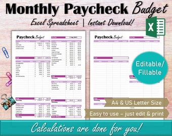 Budget per salarisspreadsheet, bewerkbare maandelijkse budgetsjabloon Excel, persoonlijke financiën tweewekelijkse salarisbudgettracker afdrukbaar