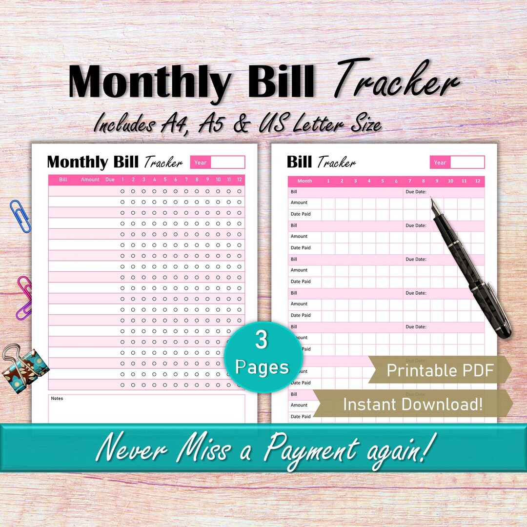 Monthly Bill Tracker Sheet, Bill Due Template Printable, Bill Organizer ...