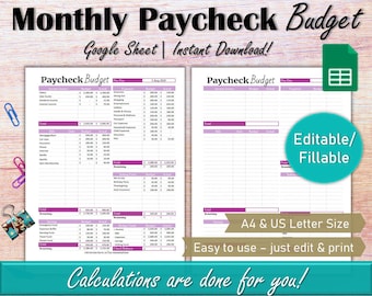 Budget per Paycheck Google Spreadsheet, bewerkbare maandelijkse Paycheck Budget Spreadsheet, persoonlijke financiën tweewekelijkse budgetplanner sjabloon afdrukbaar