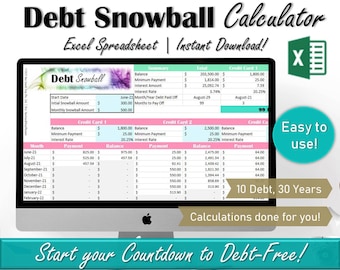 Schuldensneeuwbal Excel-spreadsheet, Dave Ramsey Sneeuwbalschuldenspreadsheet, Schulduitbetalingscalculator, Persoonlijke financiën Schuldbetaling Tracker