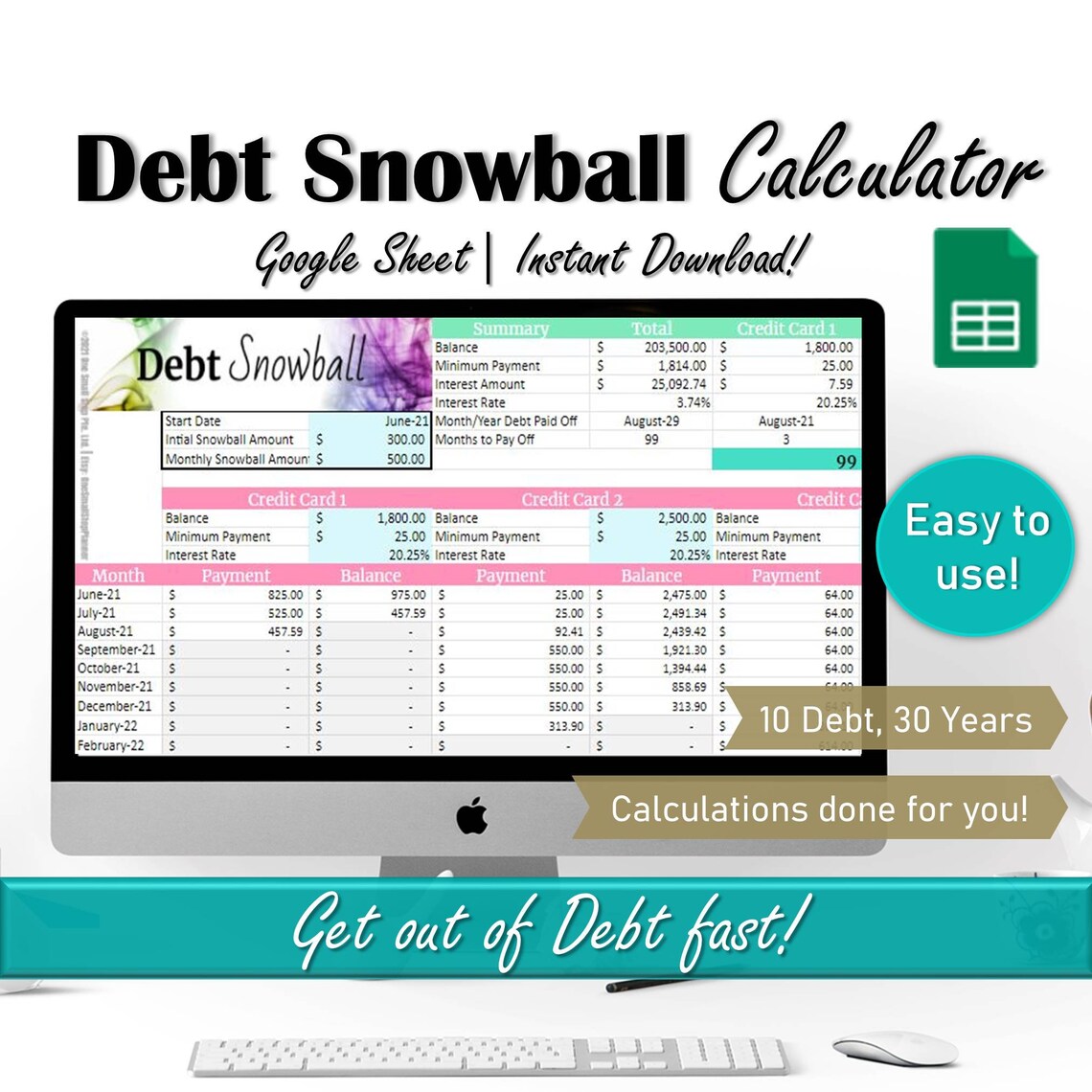 Debt Snowball Spreadsheet, Google Sheet Budget Template, Debt Payment