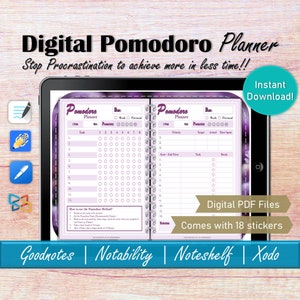 May include: A digital planner with a purple galaxy background. The planner is titled "Pomodoro Planner" and includes sections for "Task", "Priority", "Target", "Actual", and "Time Spent". The planner also includes a section for "How to use the Pomodoro Method?" and comes with 18 stickers.