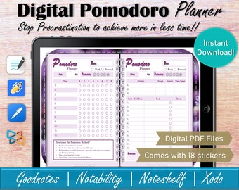 Digitale Pomodoro Planner Goodnotes, Time Boxing Project Management Uitstelplanner, Dagelijkse tijdblokkering, Goede notities-sjablonen