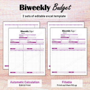 May include: Two printable biweekly budget templates with pink and purple accents. The templates include sections for income, expenses, and a running balance. The text "Biweekly Budget" appears at the top of each template.
