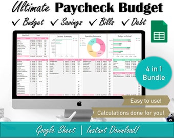 Budget per salarisbudgetspreadsheet, Google Sheet Paycheck Budgetsjabloon, maandelijkse tweewekelijkse budgetplanner, schuldensneeuwbaltracker