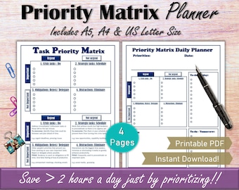 Priority Matrix, Eisenhower Matrix, Time Management, Task List, Weekly To Do List, Project Management, Printable Daily Productivity Planner