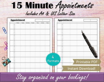 15-minutersplanerare, tidsbok för hudterapeuter, timplanerare för småföretag, mall för tidsbokning av salong