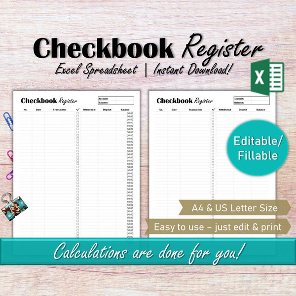 Editable Checkbook Register, Checking Account Ledger, Bank Account Transaction, Personal Finance Budget Spreadsheet, Checkbook Software