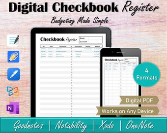 Registro de talão de cheques digital Goodnotes, razão de conta corrente para Ipad, rastreador de conta bancária, registro de transações de finanças pessoais do OneNote