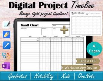 Digital Project Timeline Gantt Chart Template , GoodNotes Project Management Tracker, OneNote Project Planner, Project Schedule Calendar