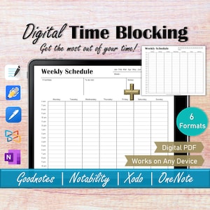 May include: A digital weekly schedule template for time blocking. The template is designed for use with digital note-taking apps like Goodnotes, Notability, Xodo, and OneNote. The template includes sections for priorities, to-do list, notes, and a daily schedule from 7 am to 10 pm.