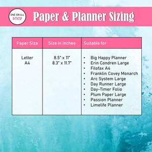 May include: A chart showing the sizes of different paper types and their suitability for various planners. The chart lists Letter and A4 paper sizes with their dimensions in inches and a list of planners that are compatible with each size.