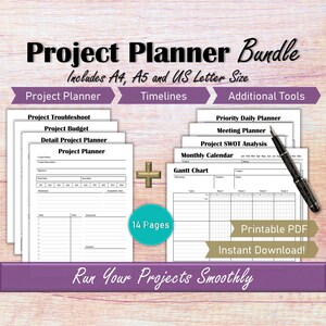 Planejador de gerenciamento de projetos para impressão, inserções de planejador de negócios do planejador de projeto A5, gráfico de Gantt do cronograma do projeto, notas de reunião em PDF