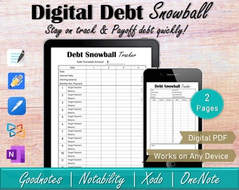 Digitale schuldensneeuwbaltracker, schuldenafbetaling Schuldbetalingsplanner, persoonlijke financiën Ipad budgetplanner, Goodnotes creditcardtracker