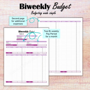 May include: A printable biweekly budget worksheet with two pages. The first page is for a two-week pay period and the second page is for additional expenses. The worksheet includes sections for income, expenses, budget, actual, and variance.