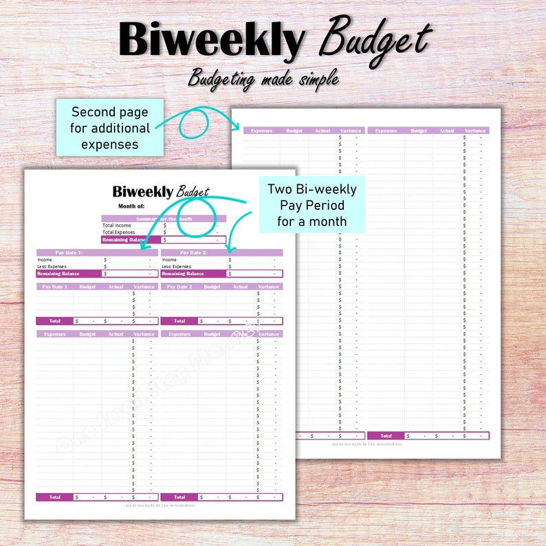 May include: A printable biweekly budget worksheet with two pages. The first page is for a two-week pay period and the second page is for additional expenses. The worksheet includes sections for income, expenses, budget, actual, and variance.