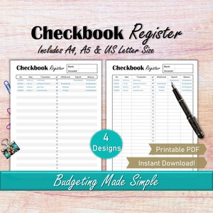 Checkbook Register, Checking Account Ledger, Bank Account Tracker, Personal Finance PDF, Printable Checkbook Register Transaction Template