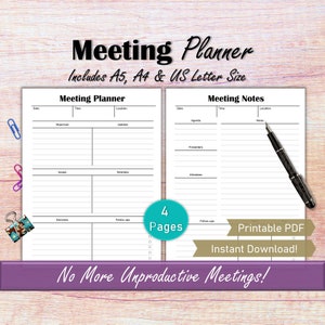 Meeting Notes Planner Printable, Meeting Agenda Note Taking Template, Work Day Organizer, Business Meeting Planner Inserts, Meeting Minutes