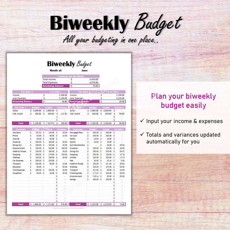 May include: A printable biweekly budget worksheet with pink and white text. The worksheet includes sections for income, expenses, and a summary of the month. The text "Plan your biweekly budget easily" is at the bottom of the worksheet.