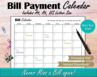 Monthly Bill Tracker Calendar, Bill Payment Calendar, Personal Finance PDF Bill Tracker Sheet, Bill Due Template Printable, Payment Reminder