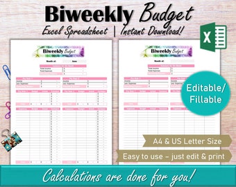 Bewerkbare tweewekelijkse budgetspreadsheet, budget per salarisbudgetsjabloon, maandelijkse budgetsalaristracker, persoonlijke financiën, A4 en Amerikaanse brief