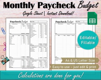 Editable Google Sheet Budget By Paycheck, Monthly Paycheck Budget Spreadsheet, Personal Finance Biweekly Budget Planner Printable