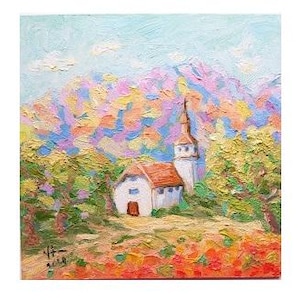 Country Church original oil painting 8x8 in small painting