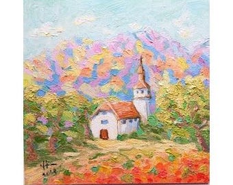 Country Church original oil painting 8x8 in small painting