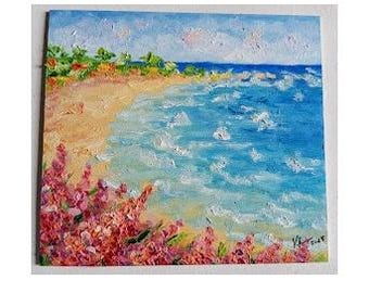 ビーチの絵画 海の景色 ビーチアート 小さな油絵 風景画 油絵 海
