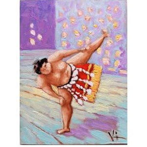 Tableau peinture lutteur de sumo - oeuvre d'art de la lutte japonaise, oeuvre d'art japonaise à l'huile 6 x 8 po.