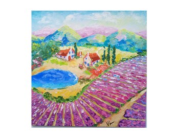 Provence Painting Provence lavender fields Painting Original oil painting Provence lavender plants landscape "Flight over Provence" 8x8