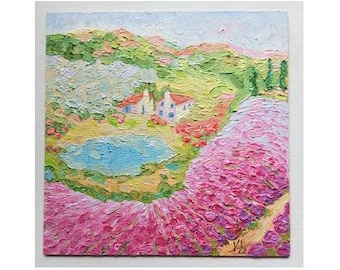 Provence Painting Provence lavender fields Painting Original oil painting Provence lavender plants landscape "Flight over Provence" 8x8