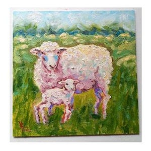 Sheep Painting Lamb Painting Oil Animal Painting Oil Painting Original Art Small 8/8 inches  board