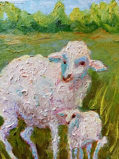 羊の絵 子羊の絵 油絵 動物の絵 油絵 オリジナルアート 小 ヴィラ作 6