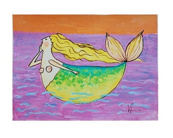 Pintura optimista de sirena, arte de sirena, decoración de sirena, pintura acrílica, arte oceánico, ilustración de playa "Sirena optimista"