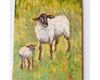 羊の絵画 オリジナル絵画 農場の動物の絵画 子羊の絵画 オリジナル