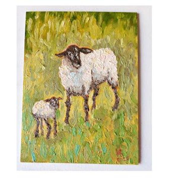 羊の絵 子羊の絵 油絵 動物の絵 油絵 オリジナルアート 小 羊の絵 子羊の絵 油絵 動物の絵 油絵 オリジナルアート 小