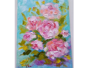 Peonía Pintura Flor Arte Original 5 por 7 pulgadas