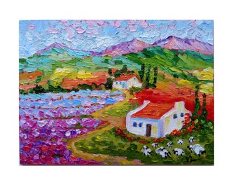 Provence lavender Provence lavender fields Original oil painting, "Flight over Provence" small painting 6x8 in