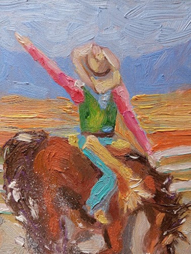 Pintura vaquera, arte vaquero occidental, pintura al óleo original 68 pulgadas imagen 2