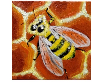 Pintura de abejas Arte de abejas Pintura al óleo original Abejorro Pintura de abejas Obras de arte de insectos originales pintura pequeña sobre lienzo 6 x 6 pulgadas