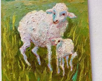 羊の絵 子羊の絵 油絵 動物の絵 油絵 オリジナルアート 小 ヴィラ作 6