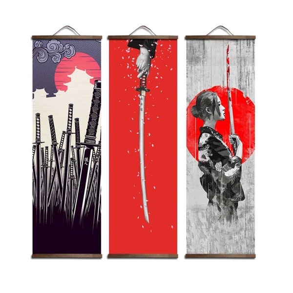 Japanese Samurai Ukiyoe for Canvas Posters and Prints Decoration Painting Wall Art Home Decor with Solid Wood Hanging Scroll