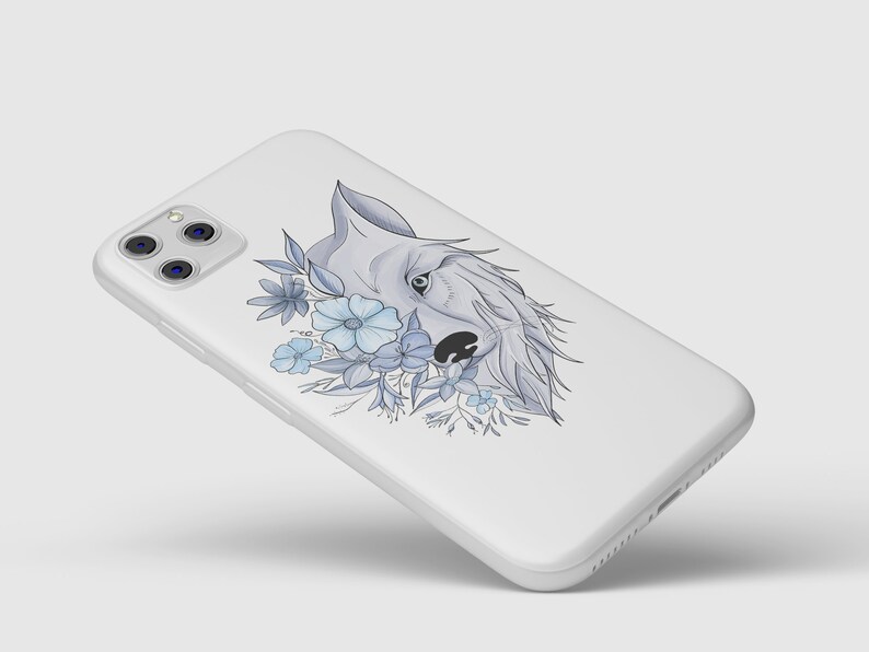 Wolf Face Floral Line Art Flowers Blue Cool Color Half Wolf Half