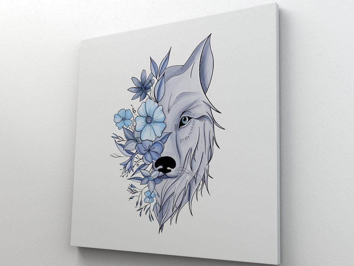 Wolf Face Floral Line Art Flowers Blue Cool Color Half Wolf Half
