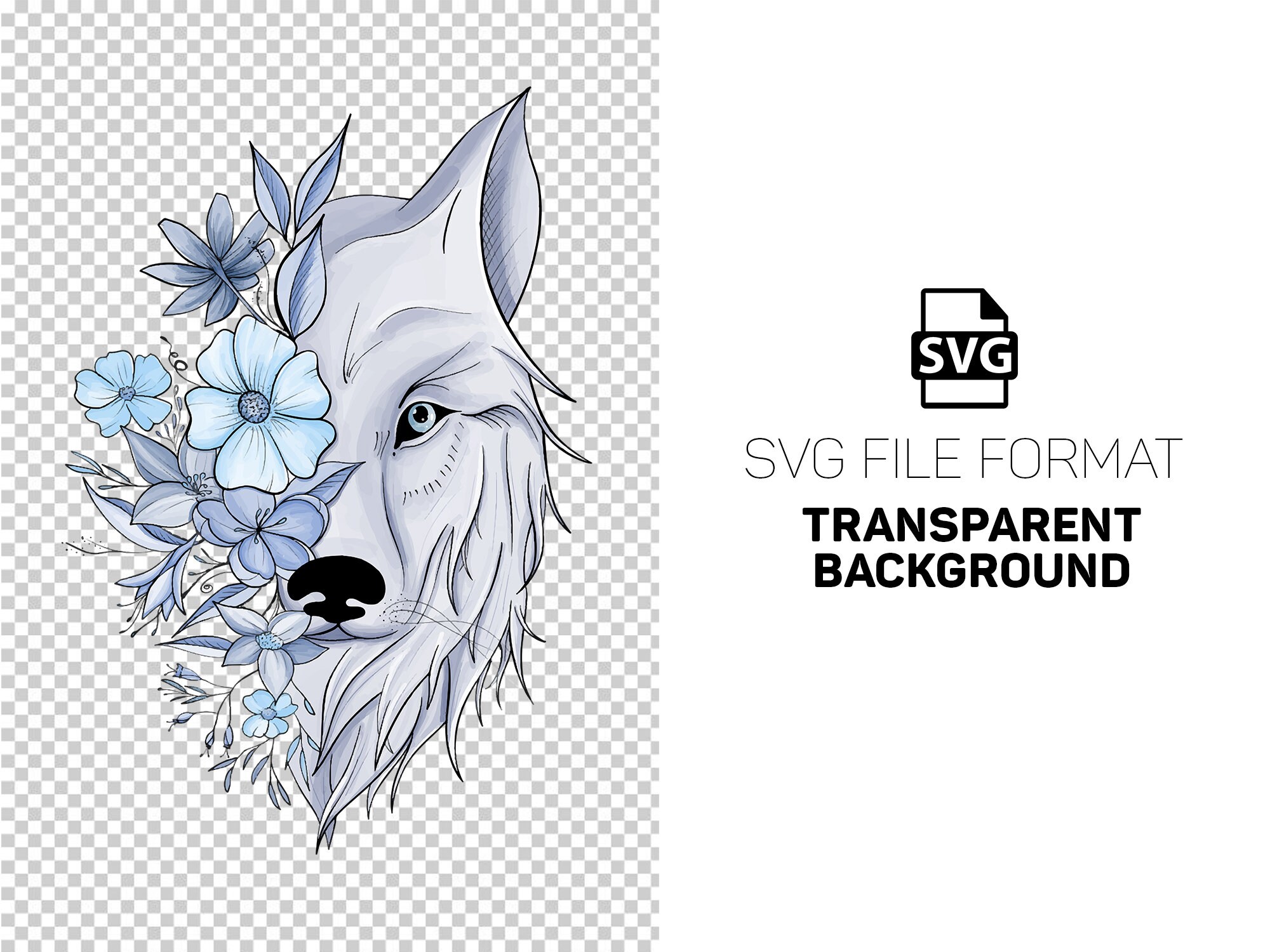 Wolf Face Floral Line Art Flowers Blue Cool Color Half Wolf Half