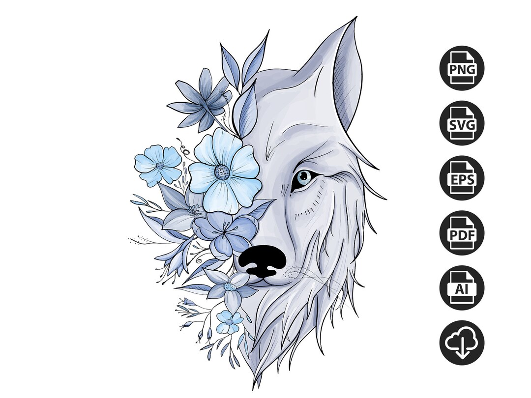 Wolf Face Floral Line Art Flowers Blue Cool Color Half Wolf Half