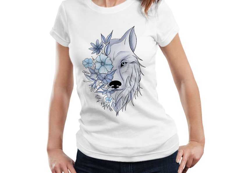 Wolf Face Floral Line Art Flowers Blue Cool Color Half Wolf Half